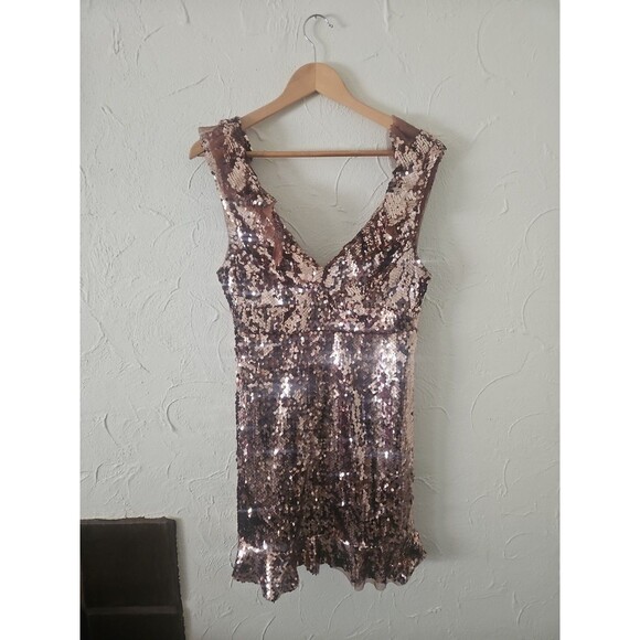 Free People Copper Sequin Dress Size 4 Mini Ruffle Prom - Picture 2 of 8